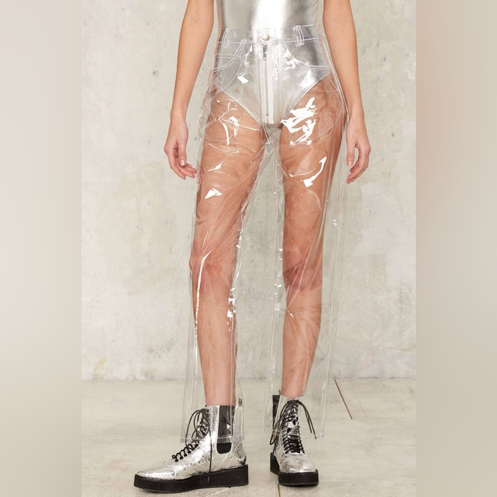 Clear crystalline high waisted plastic jeans